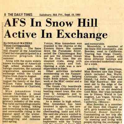 Newspaper clipping, “AFS in Snow Hill Active in Exchange,” Sept. 19, 1980