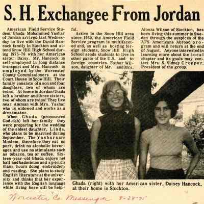 Newspaper clipping, “S.H. Exhangee from Jordan,” Aug. 28, 1975