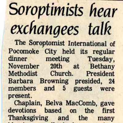 Newspaper clipping, “Soroptimists hear exchanges talk,” Nov. 1984