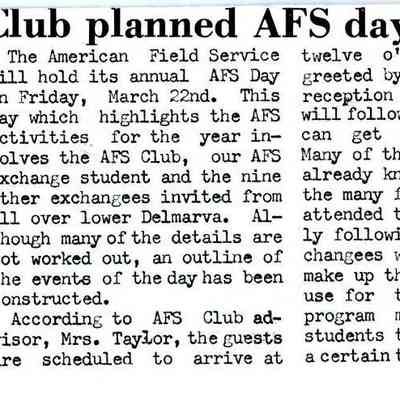 Newsletter clipping, The Eagle, “Club planned AFS day for students”