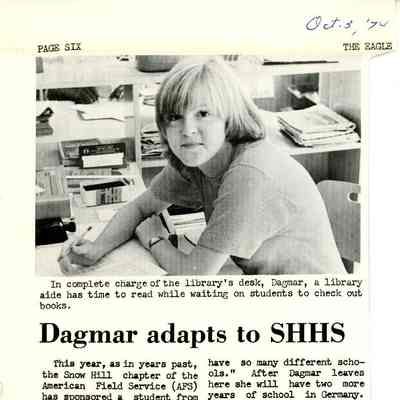 Newsletter clipping, The Eagle, “Dagmar adapts to SHHS,” Oct. 3, 1974