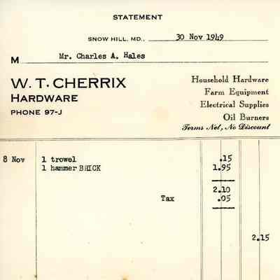 Statement, W. T. Cherrix Hardware, Nov. 1949