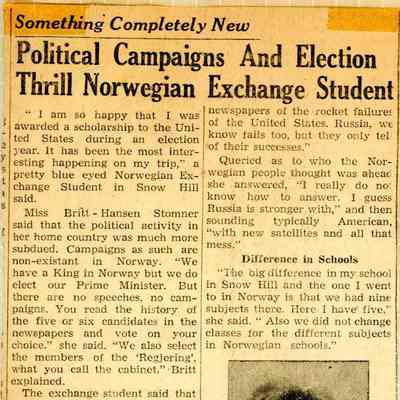 Newspaper clipping, “Political Campaigns and Election Thrill Norwegian Exchange Student,” Nov. 17, 1960