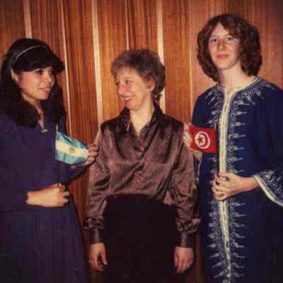 Photograph of Lilia Palamo, Gail Cooke, and Brenda Deuberry at AFS Spaghetti Dinner, Mar 1982