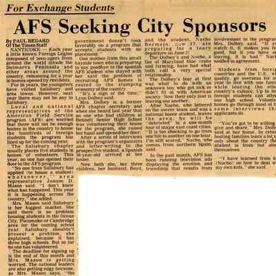 Newspaper clipping, “AFS Seeking City Sponsors,” June 14, 1981