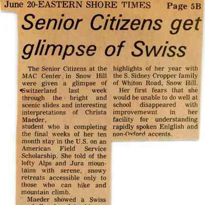 Newspaper clipping, “Senior Citizens get glimpse of Swiss” (Christa Mader), June 20, 1974 (2 pieces)