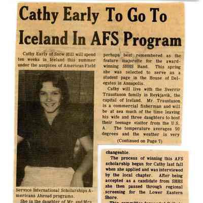 Newspaper clipping, “Cathy Early To Go To Iceland In AFS Program,” June 10, 1976 (4 pieces)