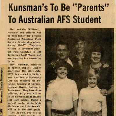 Newspaper clipping, “Kunsman’s to be ‘Parents’ to Australian AFS Student," May 13, 1976