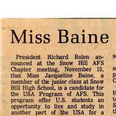 Newspaper clipping, “Miss Baine is Snow Hill AFS candidate,” Dec. 16, 1982