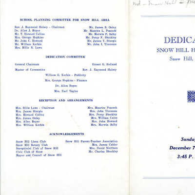 Program, Dedication, Snow Hill High School, 1958