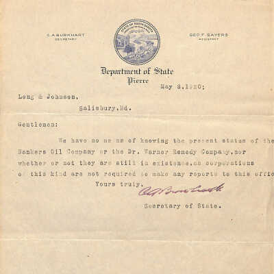 Bank Correspondence, Dept. Of State Pierre, May 8, 1920