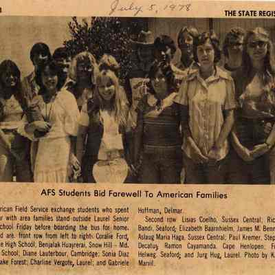 Newspaper clipping, “AFS Students Bid Farewell to American Families,” July 5, 1978
