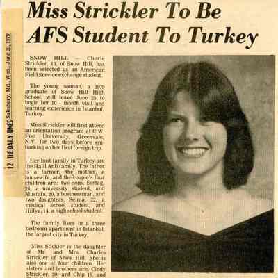 Newspaper clipping, “Miss Strickler to be AFS Student to Turkey” (Cherie Strickler), June 20, 1979