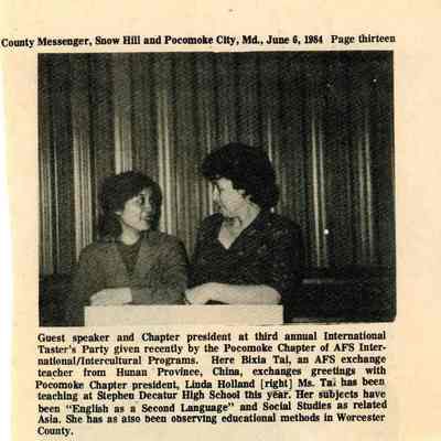Newspaper clipping, 3rd Annual International Taster’s Party, Bixia Tai and Linda Holland, June 6, 1984