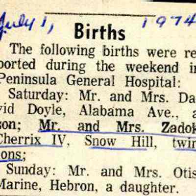 Newspaper clipping, Birth announcement for Norma Martinez and Zadok Cherrix IV, July 1, 1974