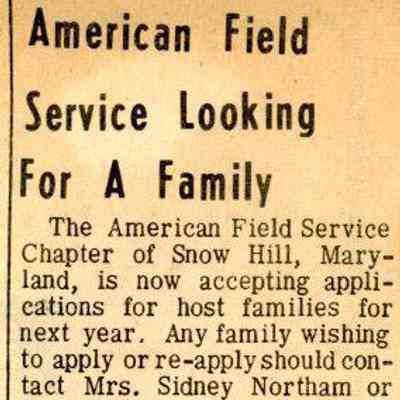 Newspaper clipping, “American Field Service Looking For a Family”