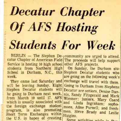 Newspaper clipping, “Decatur Chapter of AFS Hosting Students for Week,” Mar. 6, 1974