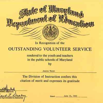 Certificate, Outstanding Volunteer Service for Joanne Mason, Jun 1982