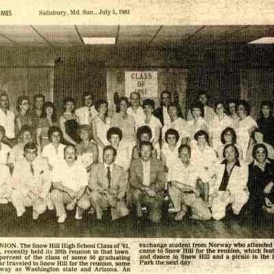 Newspaper clipping, Snow Hill 20 Year Reunion, July 5, 1981