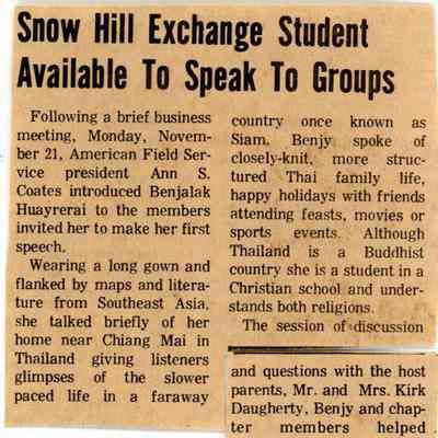 Newspaper clipping, “Snow Hill Exchange Student Available to Speak to Groups” (Benjalak Huayrerai), 1977