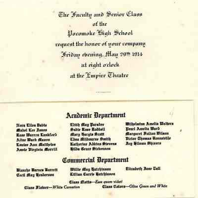 Commencement Invitation, Pocomoke High School, 1914