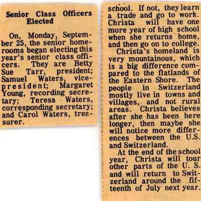 Newspaper clipping, “Senior Class Officers Elected,” Oct. 1973