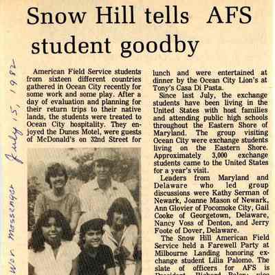 Newspaper clipping, “Snow Hill tells AFS student goodby,” July 15, 1982