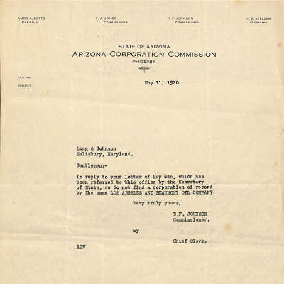 Bank Correspondence, Arizona Corporation Commission, May 11, 1920