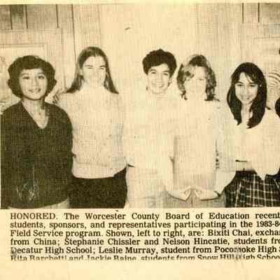 Newspaper clipping, 1983-1984 AFS students honored by Board of Education, Feb. 20, 1984