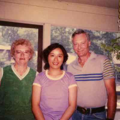 Photograph of Joanne Mason, Bixia Tai, and unidentified man, Jun 1984