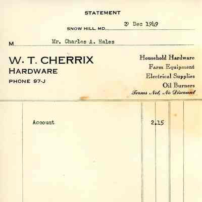 Statement and envelope, W. T. Cherrix Hardware, Dec. 1949