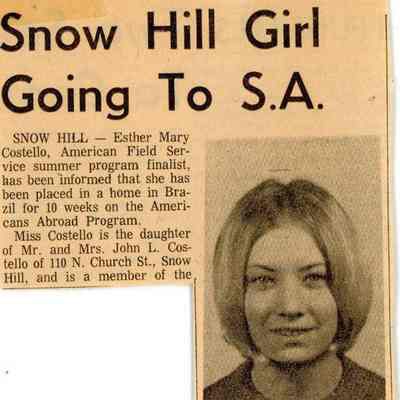 Newspaper clipping, “Snow Hill Girl Going to S.A.” (Esther Costello), June 19, 1970