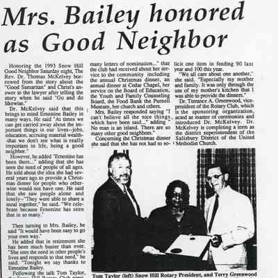 Newspaper clipping, "Mrs. Bailey honored as Good Neighbor," 1993