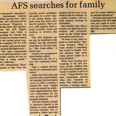 Newspaper clipping, “AFS searches for family”