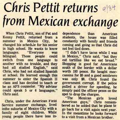Newspaper clipping, “Chris Pettit returns from Mexican exchange,” Sept. 1984