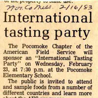 Newspaper clipping, “International tasting party,” Feb. 16, 1983