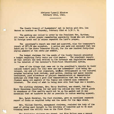 Minutes, Worcester County Homemakers Clubs, 1942-1945