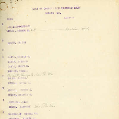 List of Colored Men Inducted from Berlin, MD., World War I