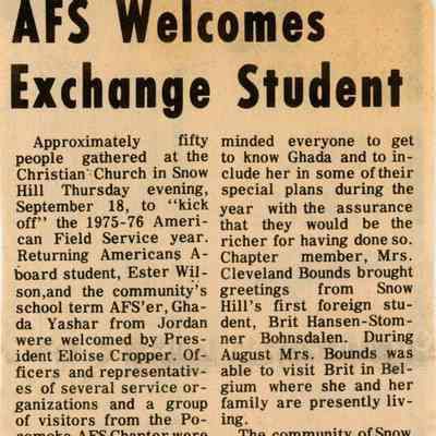 Newspaper clipping, “AFS Welcomes Exchange Student” (Ghada Yashar), Sept. 25, 1975 (2 pieces)