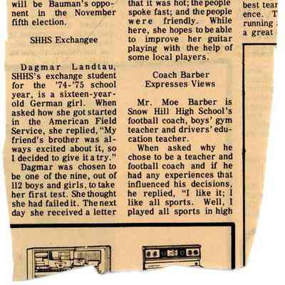 Newspaper clipping, “SHHS Exchangee,” 1974-1975