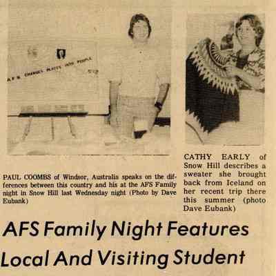 Newspaper clipping, “AFS Family Night Features Local and Visiting Student” (Paul Coombs and Cathy Early), Sep. 1976