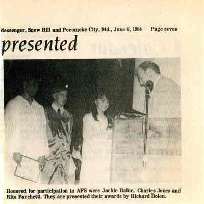 Newspaper clipping, AFS students honored at graduation, June 6, 1984