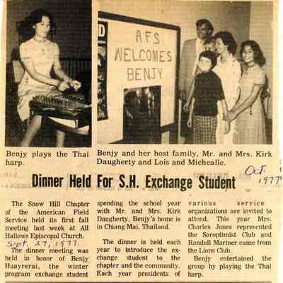 Newspaper clipping, “Dinner Held for S.H. Exchange Student” (Benjalak Huayrerai), Oct. 1977