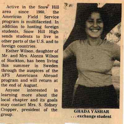 Newspaper clipping, “Jordanian girl to study here” (Ghada Yashar), Aug. 28, 1975