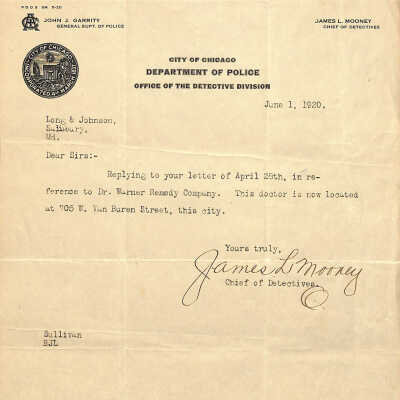 Bank Correspondence, City of Chicago Dept. of Police, June 1, 1920