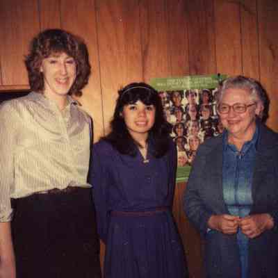 Photograph of Jan Bowden, Lilia Palamo, and an unidentified woman at AFS Spaghetti Dinner, Mar 1982