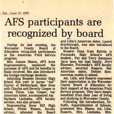 Newspaper clipping, “AFS participants are recognized by board,” June 10, 1982