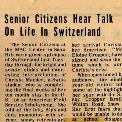 Newspaper clipping, “Senior Citizens Hear Talk On Life in Switzerland” (Christa Mader), June 20, 1974