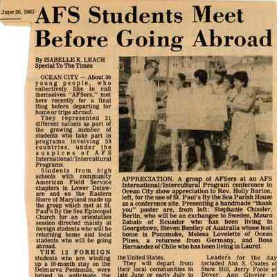 Newspaper clipping, “AFS Students Meet Before Going Abroad,” June 26, 1983