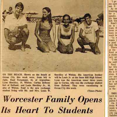 Newspaper clipping, “Worcester Family Opens Its Heart to Students” (photograph of Raul Tettamanti, Lynn Shockley, Carina de Beaufort, and Louis Shockley Jr.), Aug. 18, 1968